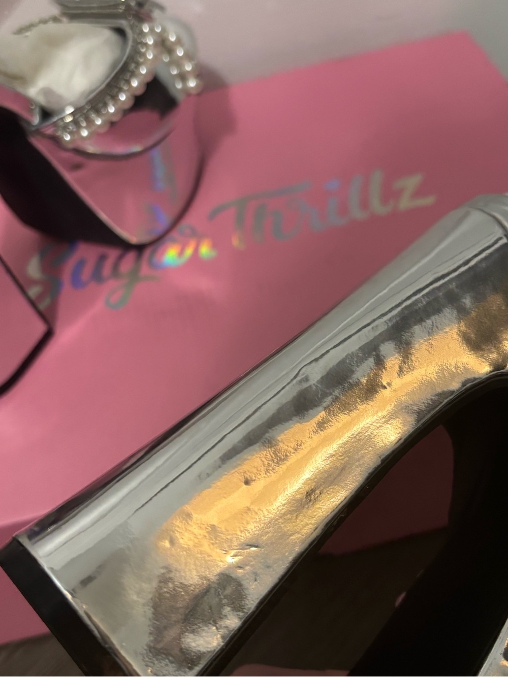 NIB Dolls Kill / Sugar Thrillz Silver Sweet Revelation Platform Heels - Picture 12 of 12